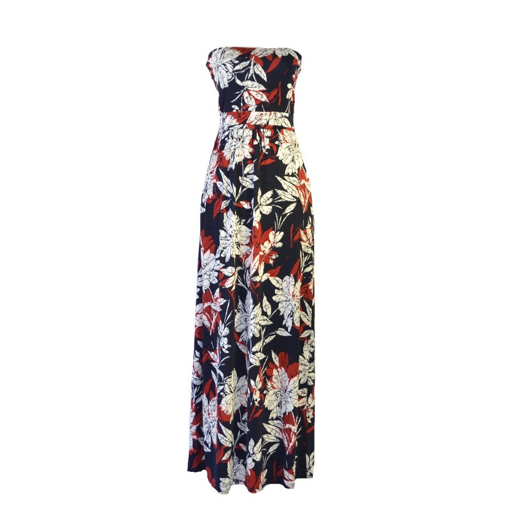 Fantastic Fawn Navy Strapless Floral Maxi Dress with Red and White Print